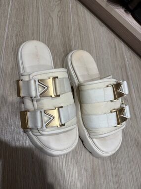 Bottega Veneta White Leather & Fabric Slide Sandals with Gold Buckles